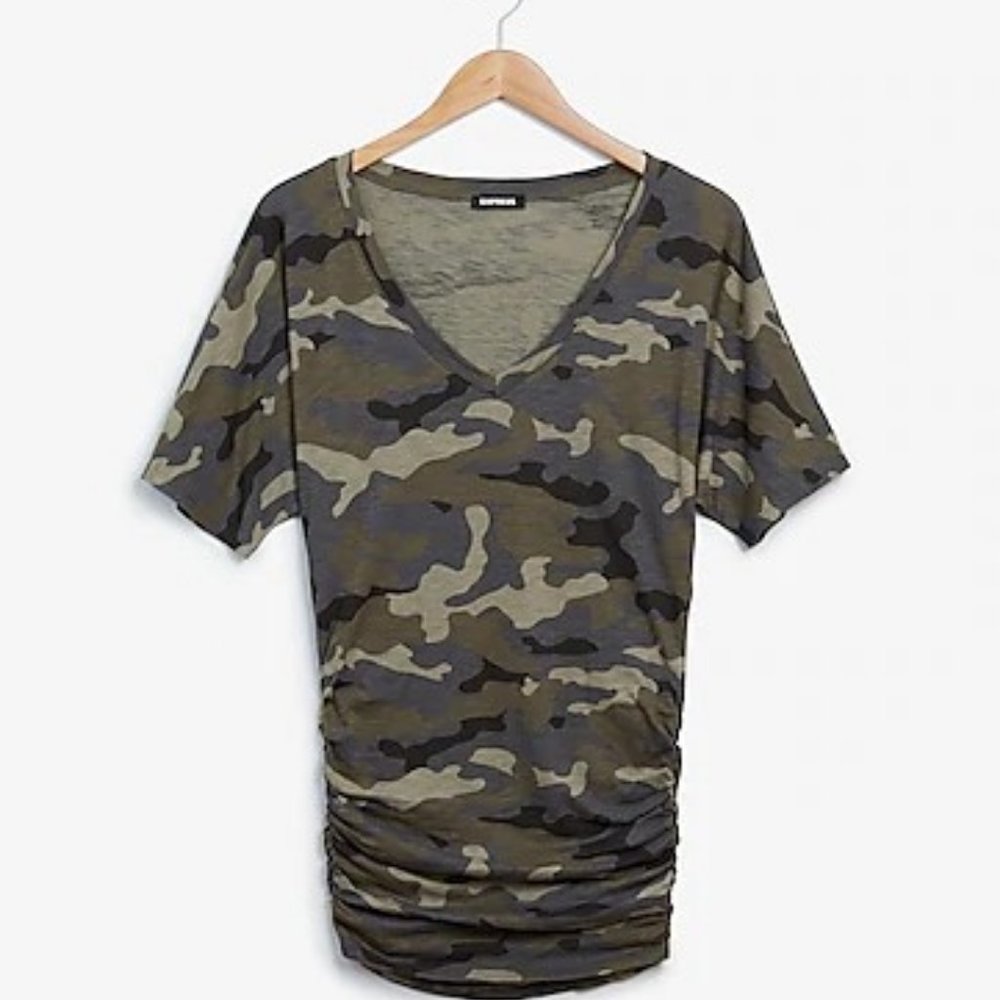 Express BNWT Camo Ruched Dolman Sleeve Tee